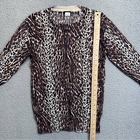 J Crew Merino Wool Top Womens Small Brown Animal Print Leopard 3/4 Sleeve Casual - Picture 6 of 8